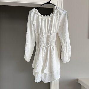 Chic White Long Sleeve Dress with Smocked Waist